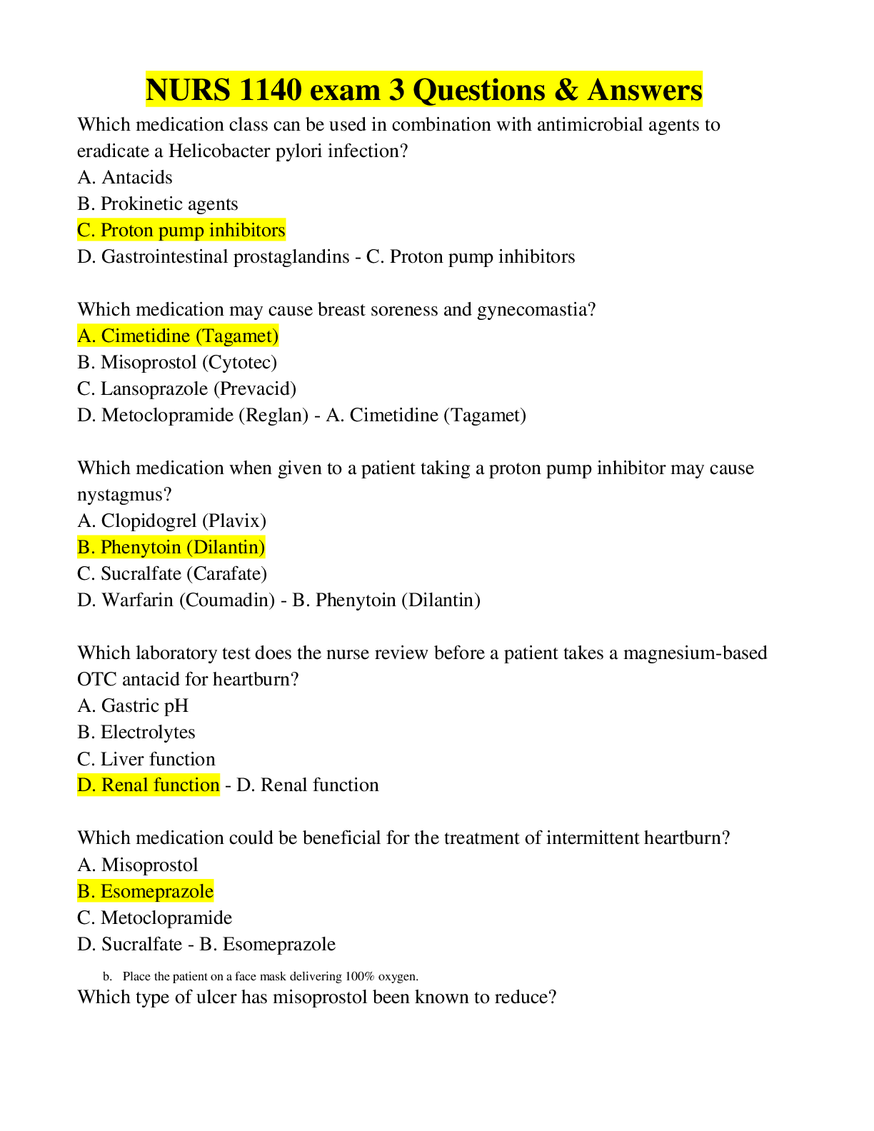 Preview of NURS 1140 exam 3 Questions & Answers
